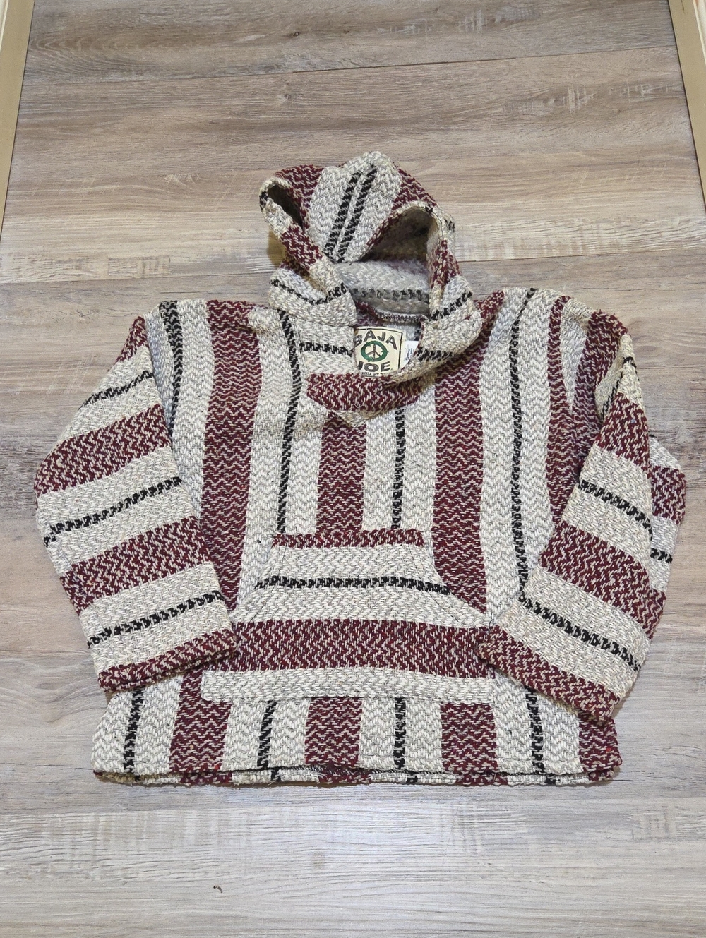 Baja Joe Kids Knit Hoodie Style Poncho XL - Grey, White, Burgundy & Black